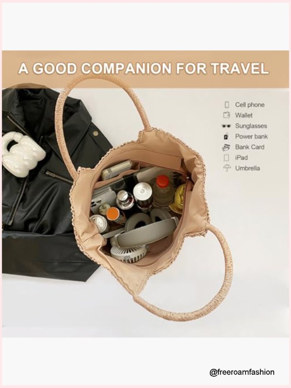 Straw Tote Bag with Zipper Large Capacity Shoulder Handbag for Beach Travel - Picture 5 of 7